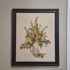 Vintage Floral Embroidery Crewel Wall Art in Black Frame 16x20